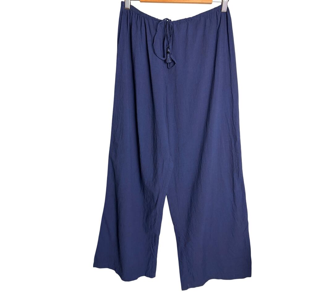 Tommy Bahama Navy Blue Cotton Crinkle Gauze Wide Leg Drawstring Pants XL
